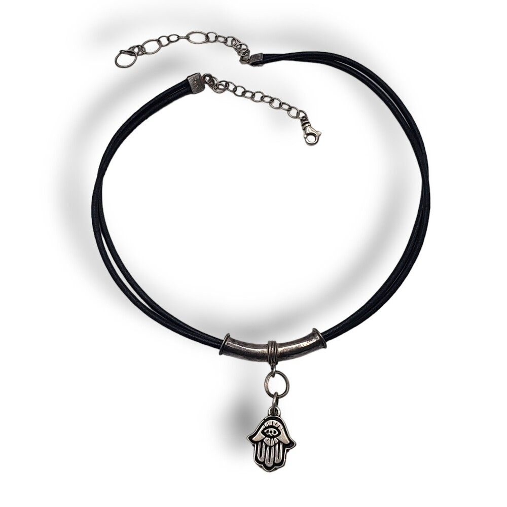 Vintage SJC 925 Sterling Silver Hamsa Evil Eye Hand Pendant Choker Necklace 90s